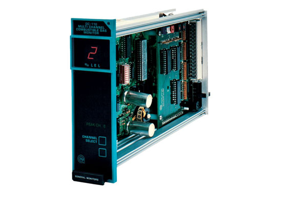 The DC110 is an eight-channel Readout / Relay Module designed to be used with up to eight of our remotely located Combustible Intelligent Sensors. The front panel contains a digital display that indicates 0-99% LEL (lower explosive limit) of the combustible gas being monitored by the Intelligent Sensors.